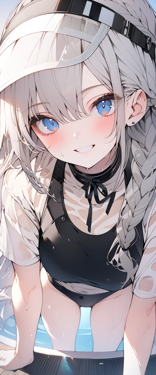 beautiful, masterpiece, Highest quality, anime, One girl,Portrait Shot, View your viewers, Covered、Long Hair、nearby、Blue Eyes、art、White hair,black streaked hair、Thighs、Braid、Wet Shirt、 Light black bikini、Pool、Bright、smile、See-through bikini、Lifesaver、Sun visor、belt