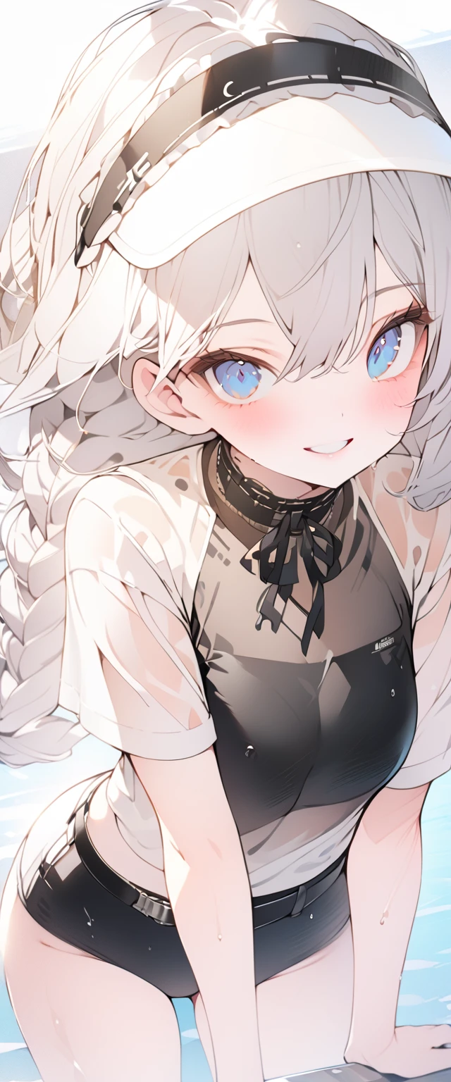 beautiful, masterpiece, Highest quality, anime, One girl,Portrait Shot, View your viewers, Covered、Long Hair、nearby、Blue Eyes、art、White hair,black streaked hair、Thighs、Braid、Wet Shirt、 Light black bikini、Pool、Bright、smile、See-through bikini、Lifesaver、Sun visor、belt