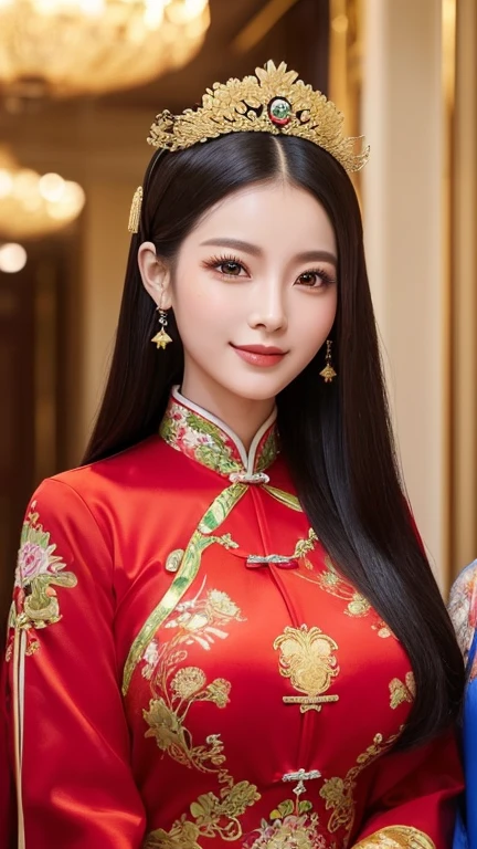 (((Two Chinese beauties)))、((Standing side by side))、21 years old、(Very heavy makeup:1.2)、(Slanted Eyes:1.3)、(long narrow eyes:1.3)、Shiny Hair、Glowing Skin、Very white skin、Jet Black Hair、Straight long hairstyle、Big eyes、Double eyelids、Luxury Chinese palace、(Standing in the palace corridor)、(Golden luxurious hair ornament)、(Patterned costume of a Chinese queen)、Luxurious and gorgeous、(huge breast:1.3)、(Exposed Skin:1.4)、(Smile with your mouth closed)、((The beautiful woman on the right is wearing a bright red outfit))、(((The beauty on the left is wearing a royal blue outfit.)))、(Bust-up angle)
