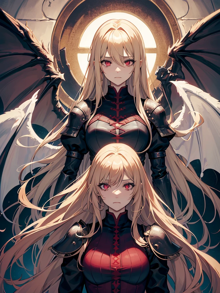 An adult woman with long blonde hair and red eyes. She would have dragon features: wings and sharp pupils like a dragon. 
She would also wear dark souls-style body armor.


Artwork based on dark souls, gothic style.

She's crying, with a sad expression.