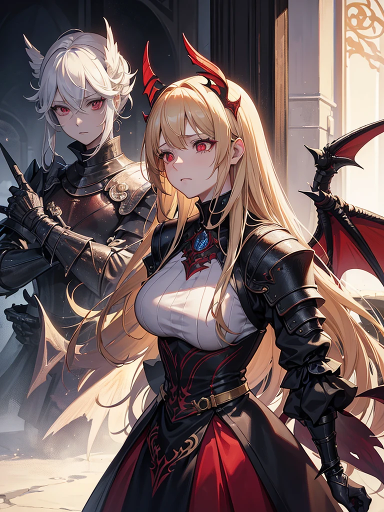 An adult woman with long blonde hair and red eyes. She would have dragon features: wings and sharp pupils like a dragon.
She would also wear dark souls-style body armor.
Artwork based on dark souls, gothic style.
She's crying, with a sad expression.