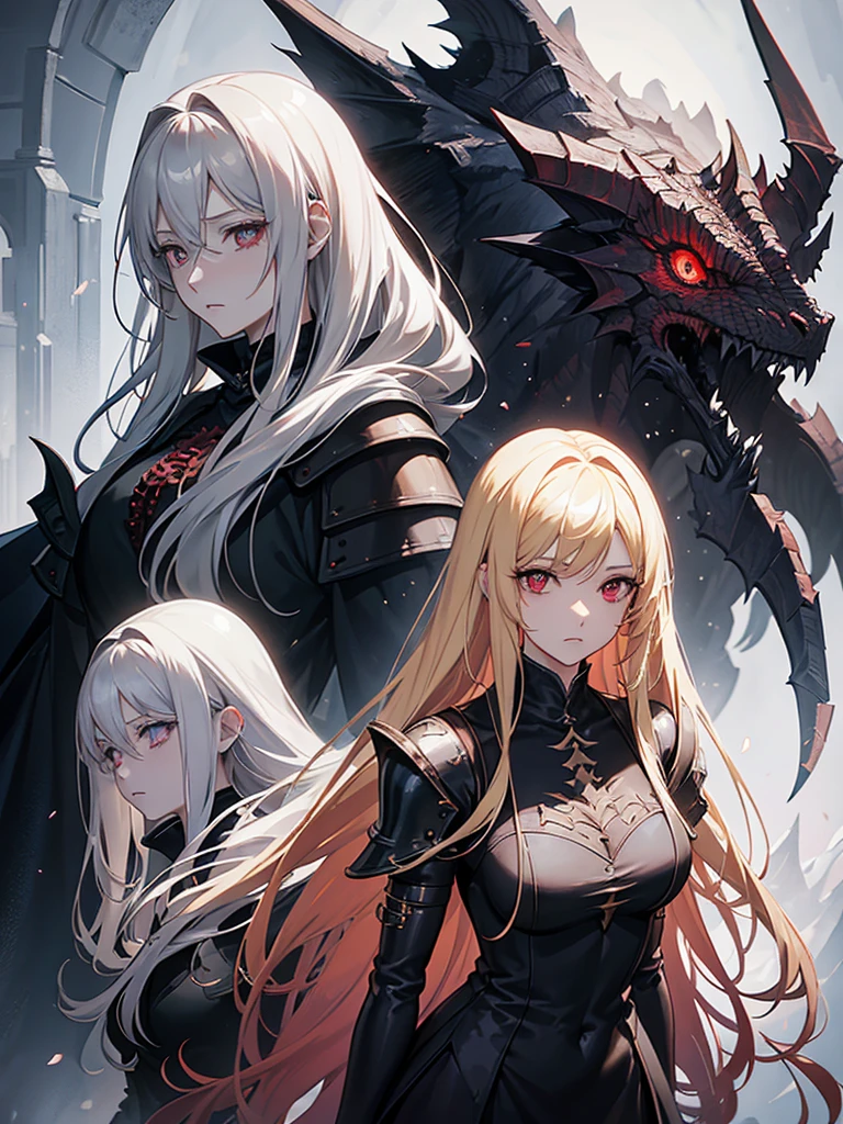An adult woman with long blonde hair and red eyes. She would have dragon features: wings and sharp pupils like a dragon.
She would also wear dark souls-style body armor.
Artwork based on dark souls, gothic style.
She's crying, with a sad expression.