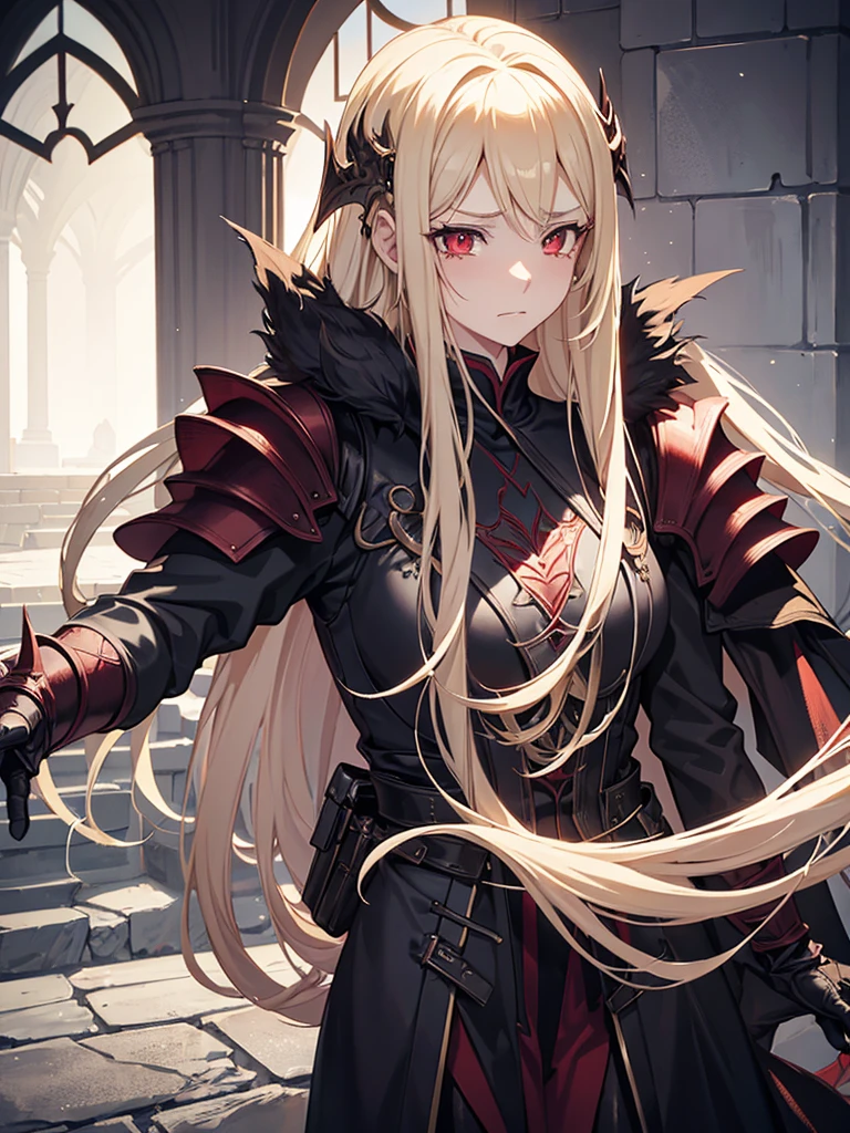 An adult woman with long blonde hair and red eyes. She would have dragon features: wings and sharp pupils like a dragon.
She would also wear dark souls-style body armor.
Artwork based on dark souls, gothic style.
She's crying, with a sad expression.