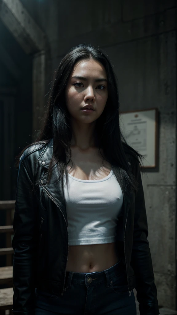 Jessica Henwick with long black hair, striking blue eyes, detailed facial features, wearing a black leather jacket, white t-shirt, blue jeans, photorealistic, highly detailed, 8k, hyperrealistic, stunning portrait, incredible detail, dramatic lighting, moody atmosphere, cinematic, fashion editorial style