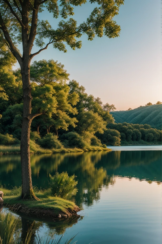 Best realistic image of scenery consists of lake and a tree in evening time