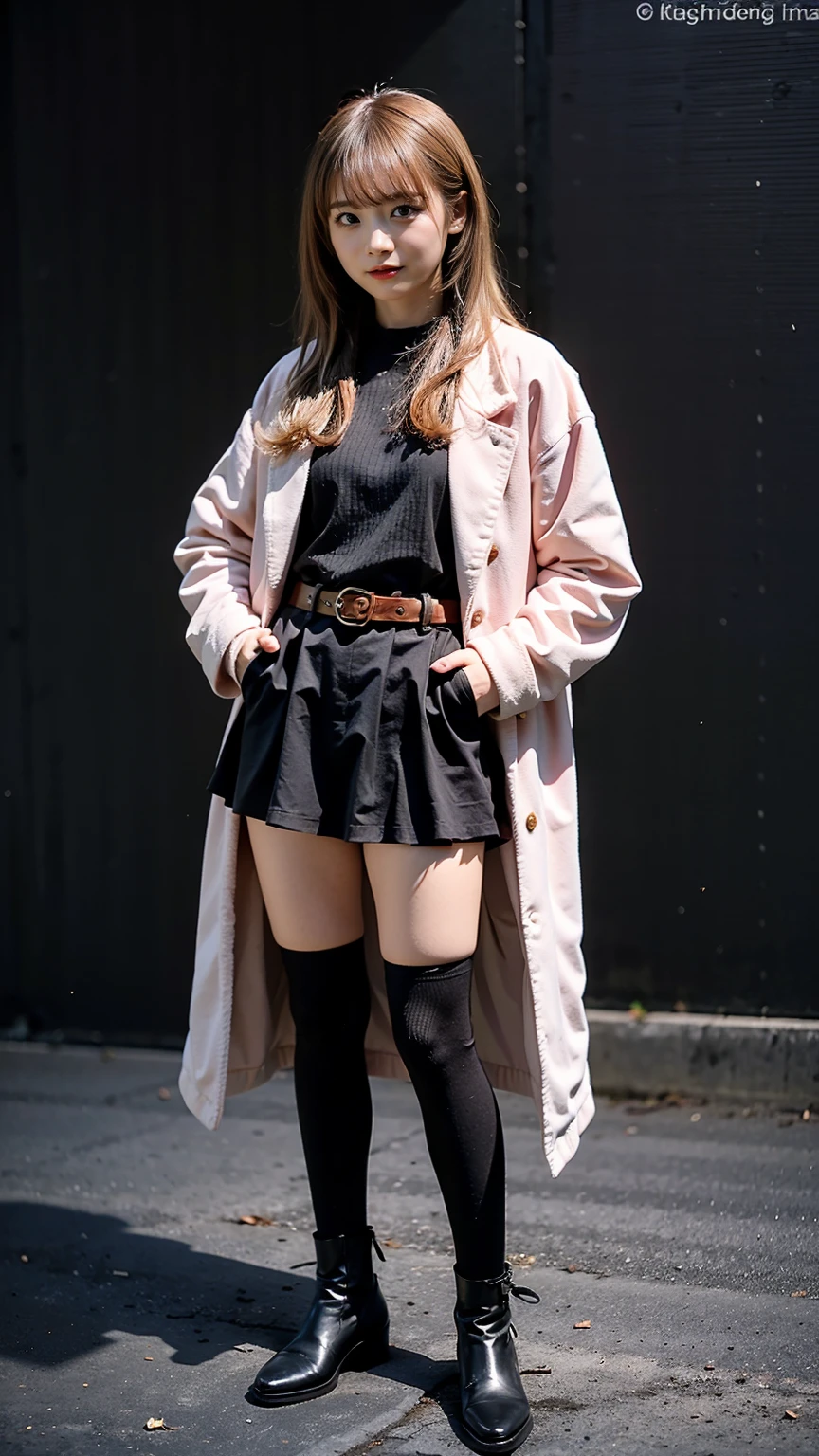 (8K、RAW Photos、Highest quality、masterpiece:1.2)、(Realistic、Realistic)、1 Girl、((Pink Coat、Black Mini Skirt、smile、one piece、whole body、Knee socks、 town、the way、chest emphasis、whole body、View from the front、Ribbon on chest、Looking into the camera、Blonde、belt、Stand with hands on hips))、
