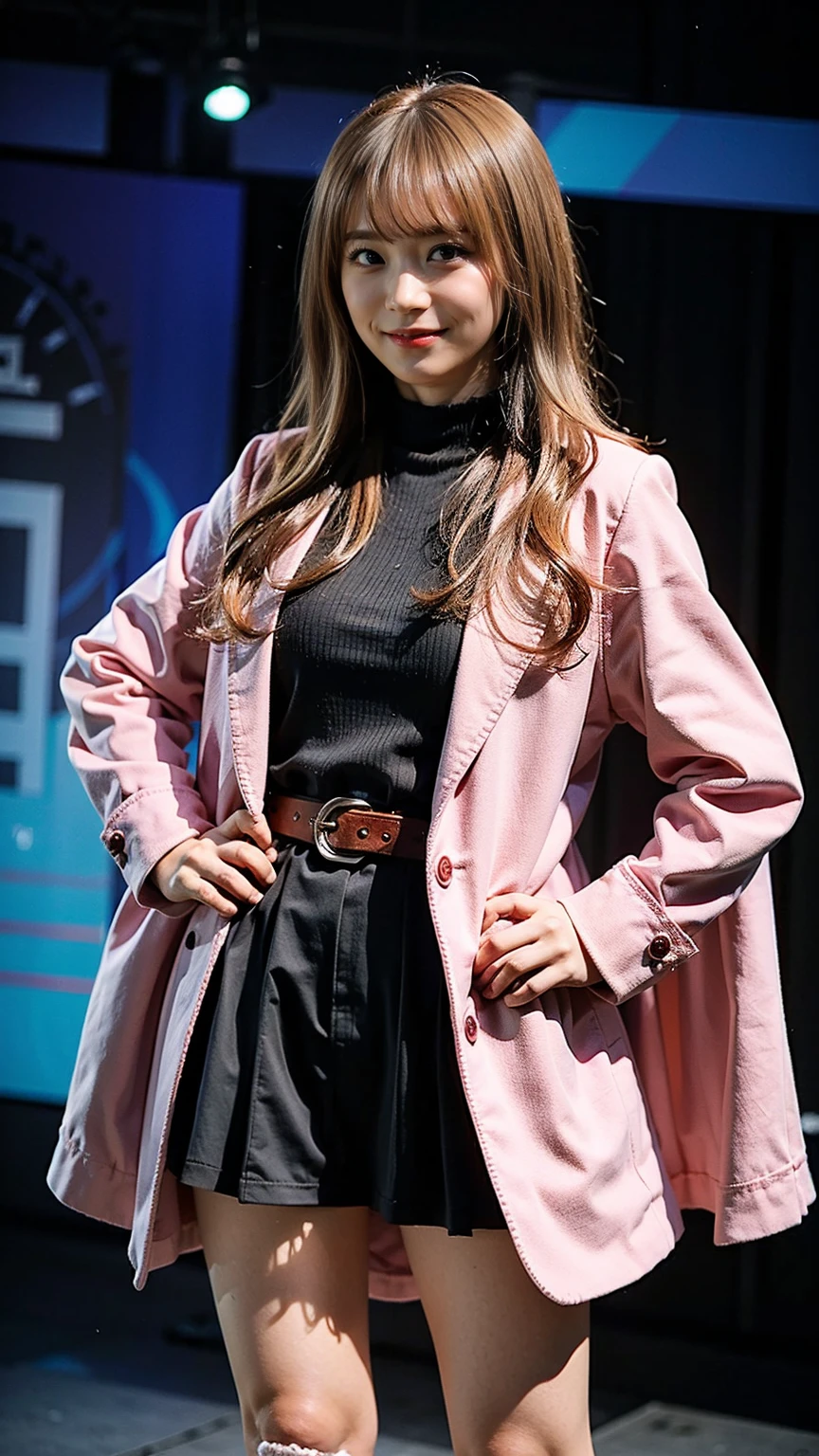 (8K、RAW Photos、Highest quality、masterpiece:1.2)、(Realistic、Realistic)、1 Girl、((Pink Coat、Black Mini Skirt、smile、one piece、whole body、Knee socks、 town、the way、chest emphasis、whole body、View from the front、Ribbon on chest、Looking into the camera、Blonde、belt、Stand with hands on hips))、