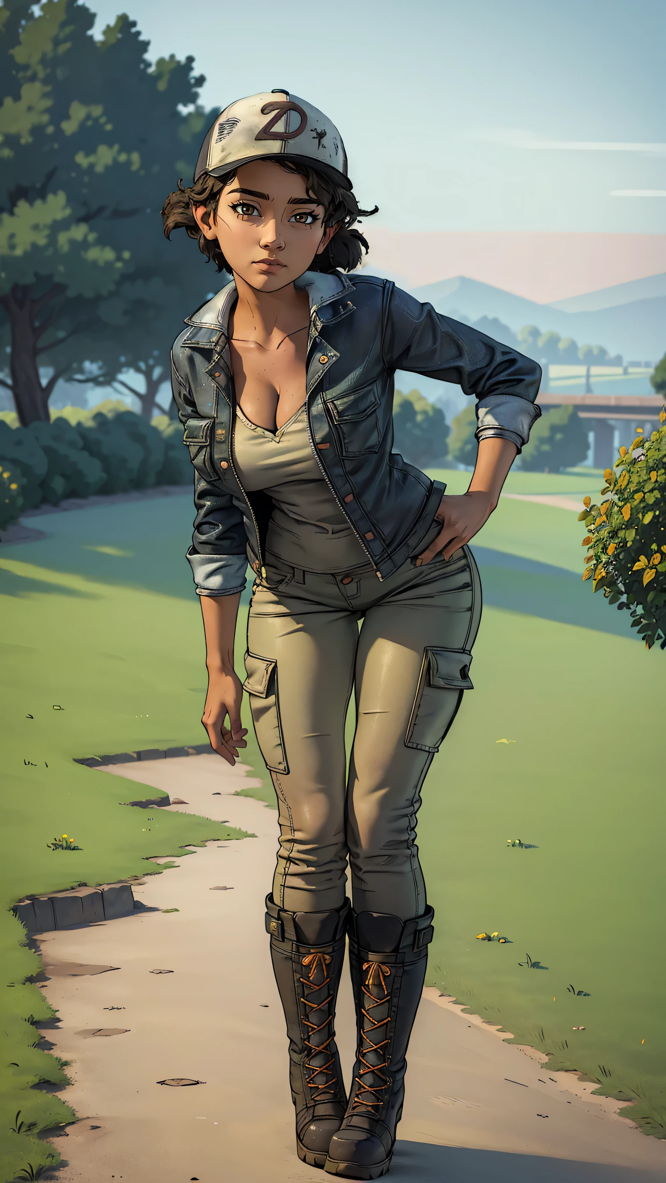 ((masterpiece, best quality)),(complex lighting) ,solo,(((1girl))) ,clementine, light skin,light-skinned female, baseball cap, green cargo pants, brown eyes, tight pants, combat boots, shirt, short hair, one short ponytail, open denim jacket, huge butt, thicc butt , (((8k))), (((full body))), (((bent over))), (((looking at the viewer))), (((view from in front of her))), big breasts, cleavage