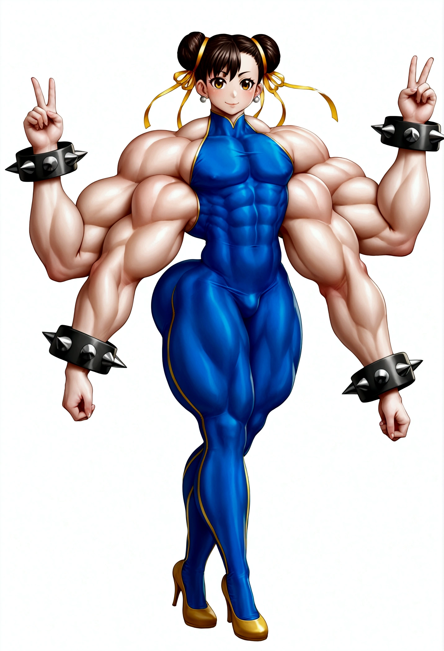 Chunli femboy, gigantic muscular body, 4 arms, full body.