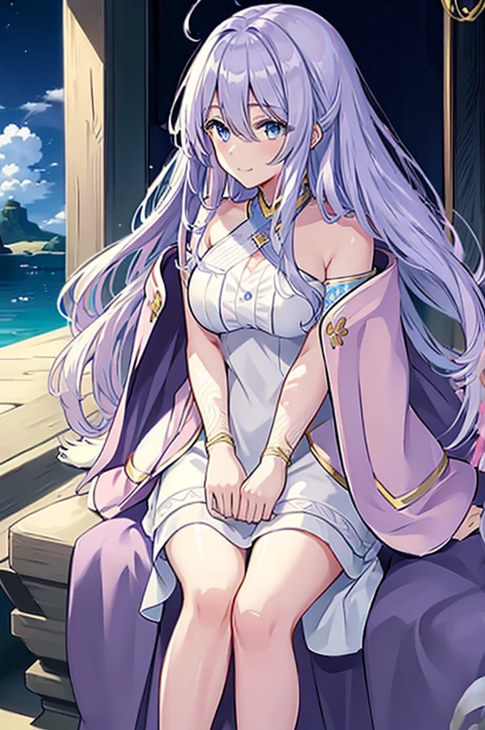 ((Pixiv)),(masterpiece_portrait),(game_cg),(Wuxia),(Fate/stay night),female_focus,looking_to_the_side,1girls,Japan,Iceland,samurai,curvy,sharp_face,very_long_hair,white_hair,blunt bangs,hair_between_eyes,cowlick,blue_eyes,large_breasts,smiling_face,Navy capelet,White china_dress,Blue Accessory,Moon Yellow Accessory,Blue tasuki,white tabi,Navy high_heel_boots