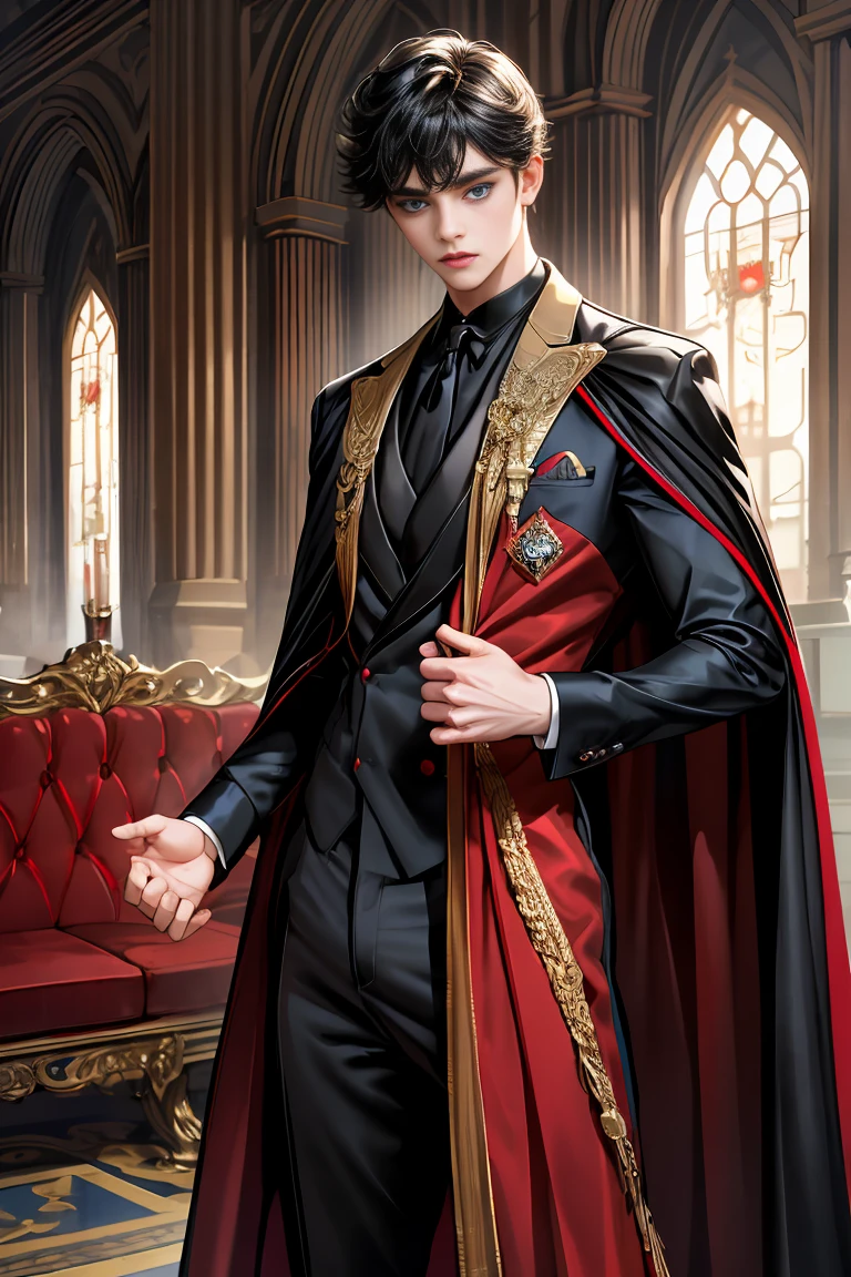 masterpiece, 最high quality, high quality, 1 boy, alone, Male focus, Watching the audience, Messy black hair, Adorable big blue eyes, White people, Noble, Noble,y voluminous black and red cape、Tuxedo、A very voluminous, large, very large, very large, long, long red and black cape with a high stand-up collar, reaching down to the floor, made of a lot of fabric., 17 te beautiful boys,Cute, cute, kind, handsome guy