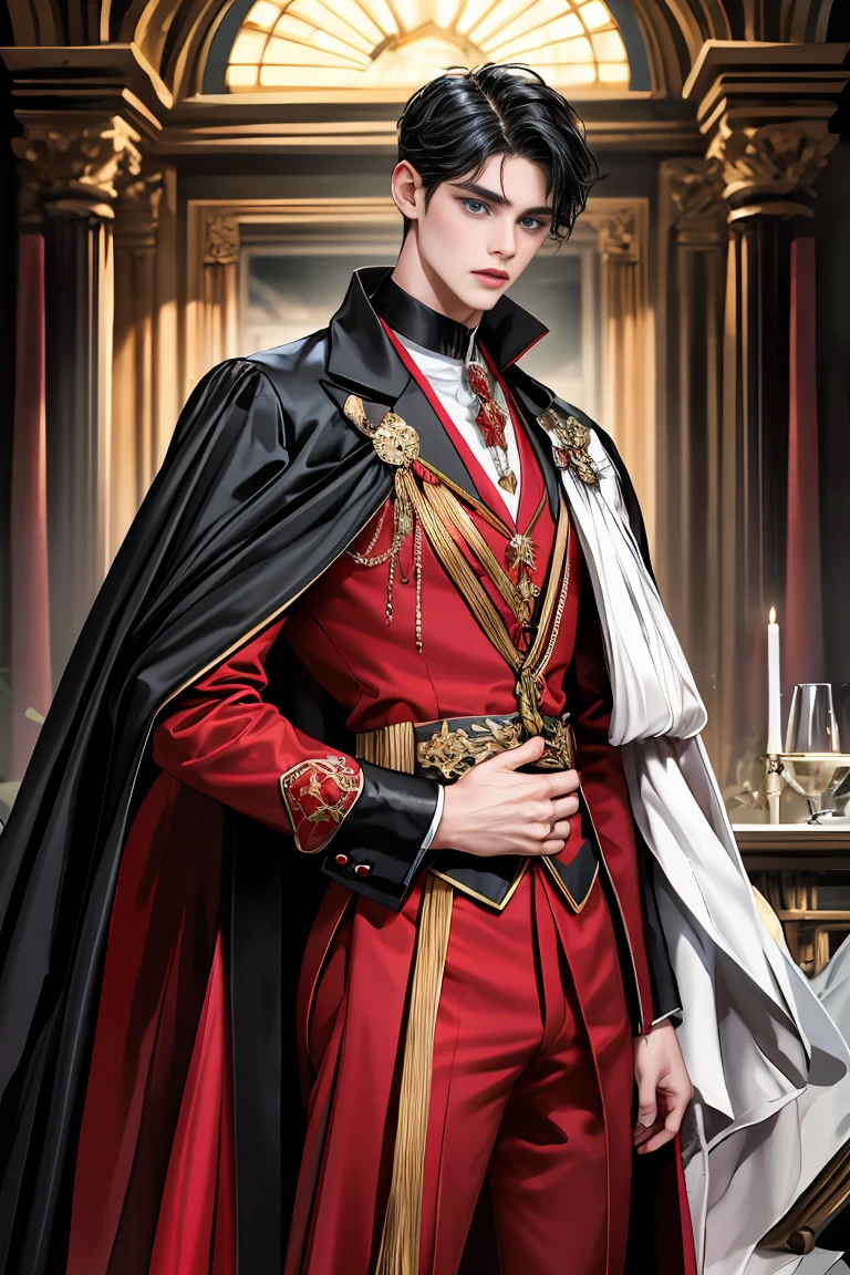 masterpiece, 最high quality, high quality, 1 boy, alone, Male focus, Watching the audience, Messy black hair, Adorable big blue eyes, White people, Noble, Noble,Sexy voluminous black and red cape、Tuxedo、A very voluminous, large, very large, very large, long, long red and black cape with a high stand-up collar, reaching down to the floor, made of a lot of fabric., 17 years old,Cute beautiful boys,Cute, cute, kind, handsome guy