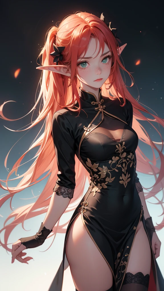 "red crimson hair" elf ears, freckles, adult woman, sculptural body, super detailed hand, super detailed face, hyper detailed body, No defects, (emerald green eyes), focused eyes, pretty detailed eyes, pale skin, blushed face, (( wearing a long black Chinese dress)), long hair, tied up hair, serious expression, frowning eyes, partes do fully body, entire limbs, ((fully body)), gorgeous fur, high resolution, 4K, Waist slender, small foot, role model, best qualityer, long black thigh-high stockings, good lighting, simple background, darkness background