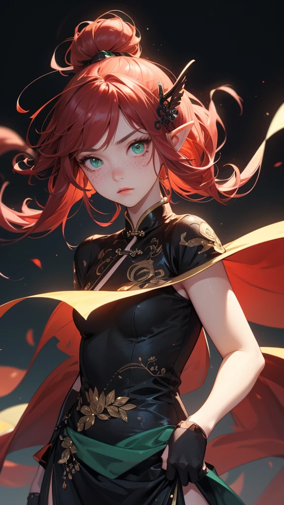 "red crimson hair" elf ears, freckles, adult woman, sculptural body, super detailed hand, super detailed face, hyper detailed body, No defects, (emerald green eyes), focused eyes, pretty detailed eyes, pale skin, blushed face, (( wearing a long black Chinese dress)), long hair, tied up hair, serious expression, frowning eyes, partes do fully body, entire limbs, ((fully body)), gorgeous fur, high resolution, 4K, Waist slender, small foot, role model, best qualityer, long black thigh-high stockings, good lighting, simple background, darkness background
