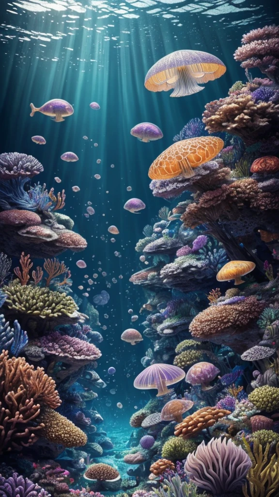 ((perspective)) microscopic world, vista, underwater fantasy,((masterpiece)), best quality, high quality, ((extremely detailed CG unity 8k wallpaper)),(fantasy), complex background, underwater fantasy world, fish school, Glowing jellyfish, colorful, (abyss)), staggered stone platforms in the abyss, glowing undersea plants, 3D digital painting, award winning photography, bokeh, depth of field, HDR, chromatic aberration, photorealistic, extremely detailed, artstation Trends on CGsociety, Intricate, High Detail, dramatic, art by midjourney, --v 6