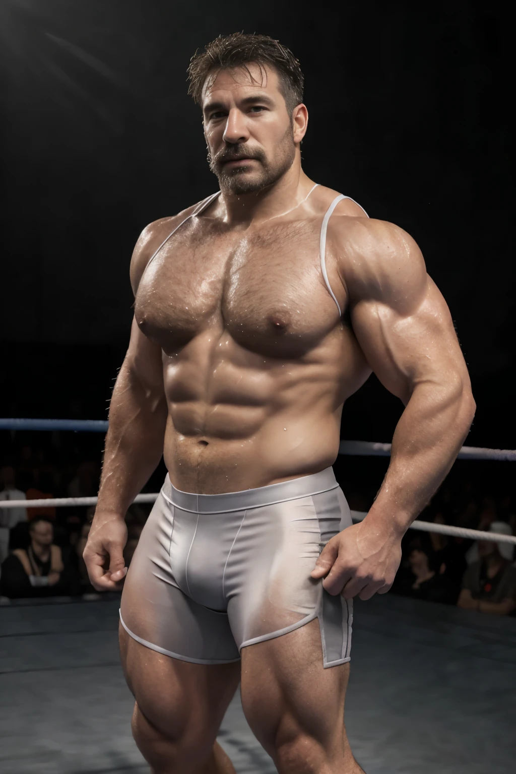 (((Muscular man))) masterpiece, best quality, high resolution, closeup portrait, male focus, solo focus, A man, 50 years old, grey hair, Wrestling player, wrestler player, grey silver hair, messy hairstyle, cute and seductive face, bare chest, body hair, facial hair, roman nose, , hairy legs, cute, dimples, goatee and mustache, bold jawline , full body, sweaty, in the city, amazing composition, , HDR, ultra quality, elegant, highly detailed,, beautiful asd, realisric male genitalia (((Big muscles))) (((Wrestling clothes)))