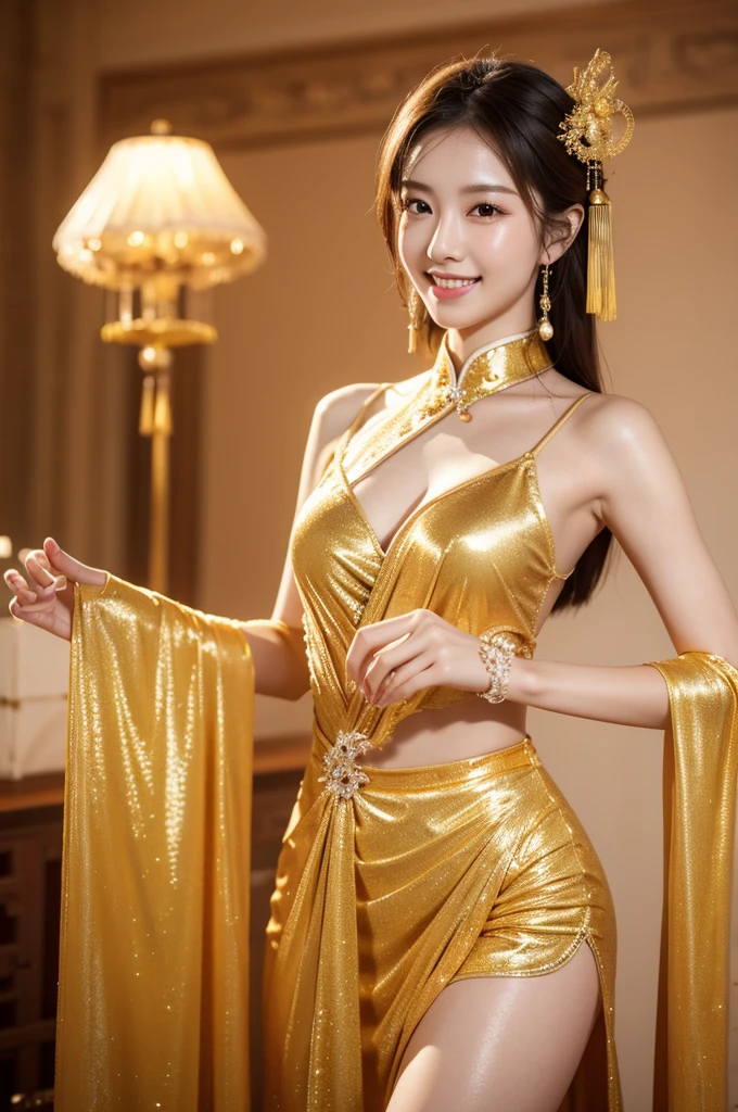 best quality, 8k, very delicate and beautiful, highly detailed face and skin texture, shiny skin, high resolution, sexy chinese girl golden costume with smile, sharp focus