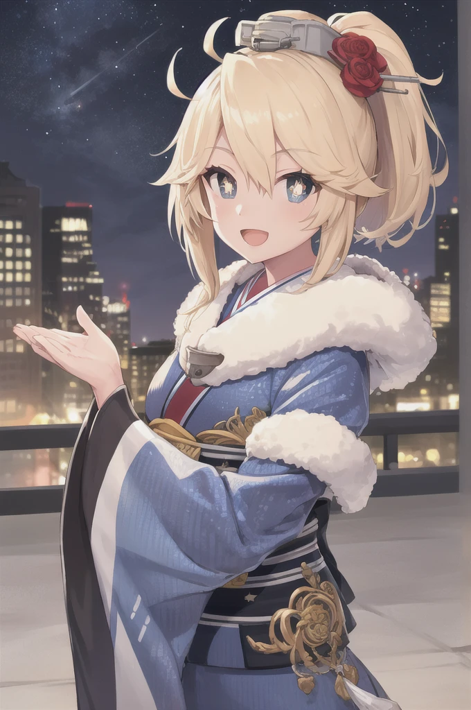 masterpiece, Highest quality, New York, Iowa, short hair, ponytail, (Star-shaped pupils:1.4), headgear, Hair Flowers, Blue kimono, Wide sleeves, Fur trim, View your viewers, Night Sky, Upper Body, hands in heart, :d