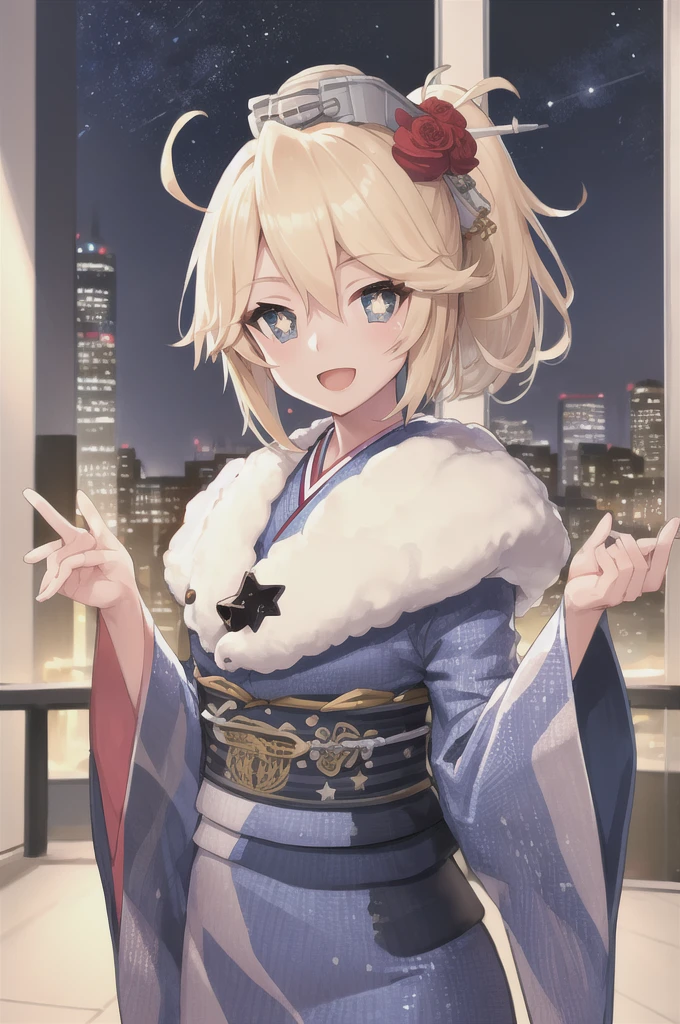 masterpiece, Highest quality, New York, Iowa, short hair, ponytail, (Star-shaped pupils:1.4), headgear, Hair Flowers, Blue kimono, Wide sleeves, Fur trim, View your viewers, Night Sky, Upper Body, hands in heart, :d