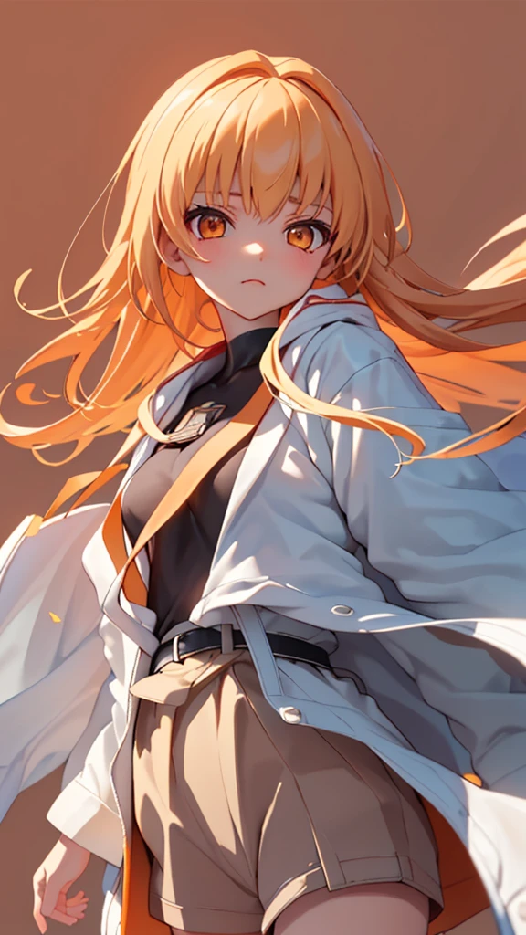 c.c., Expressionless, , (masterpiece, Highest quality, Super detailed, Best Shadow, Volumetric lighting), (Beautifully detailed face, Beautiful attention to detail), (Best lighting),, Orange eyes, Very long hair, (White straitjacket:1.4), Black belt, , (Cowboy Shot:1.3), intense angle,, mksks style, Beautiful background, Professional Lighting, Warm coloured landscape,