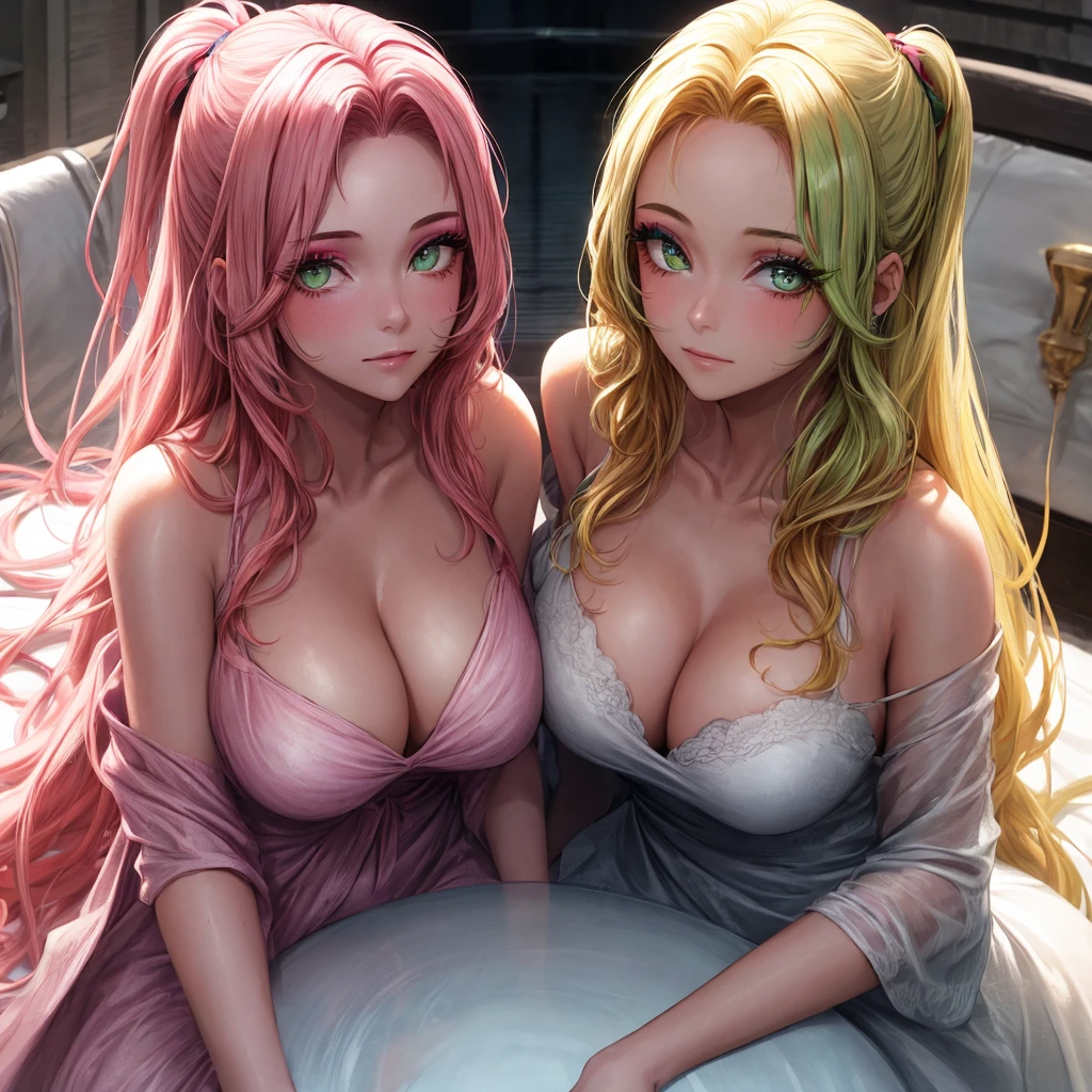 , (2girls:1.3), couple, blonde hair, pink hair, solo, long hair, light green eyes, mascara, makeup, kooking at viewer, collarbone, cleavage, forehead, very long hair, closed mouth, detailed eyes, (close up), gleaming skin, shiny glossy skin,