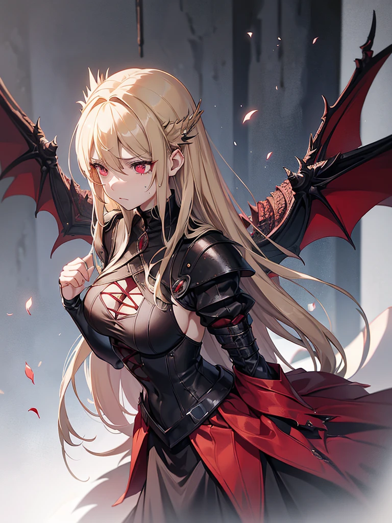 An adult woman with long blonde hair and red eyes. She would have dragon features: wings and sharp pupils like a dragon.
She would also wear dark souls-style body armor.
Artwork based on dark souls, gothic style.
She's crying, with a sad expression.