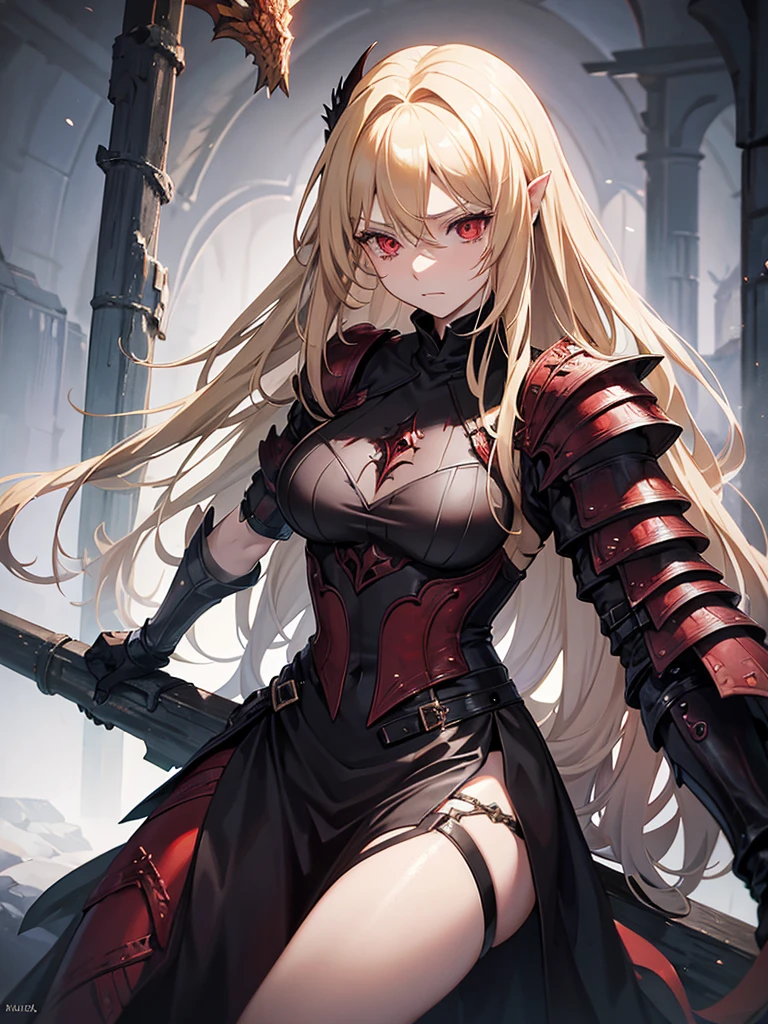An adult woman with long blonde hair and red eyes. She would have dragon features: wings and sharp pupils like a dragon.
She would also wear dark souls-style body armor.
Artwork based on dark souls, gothic style.
She's crying, with a sad expression.