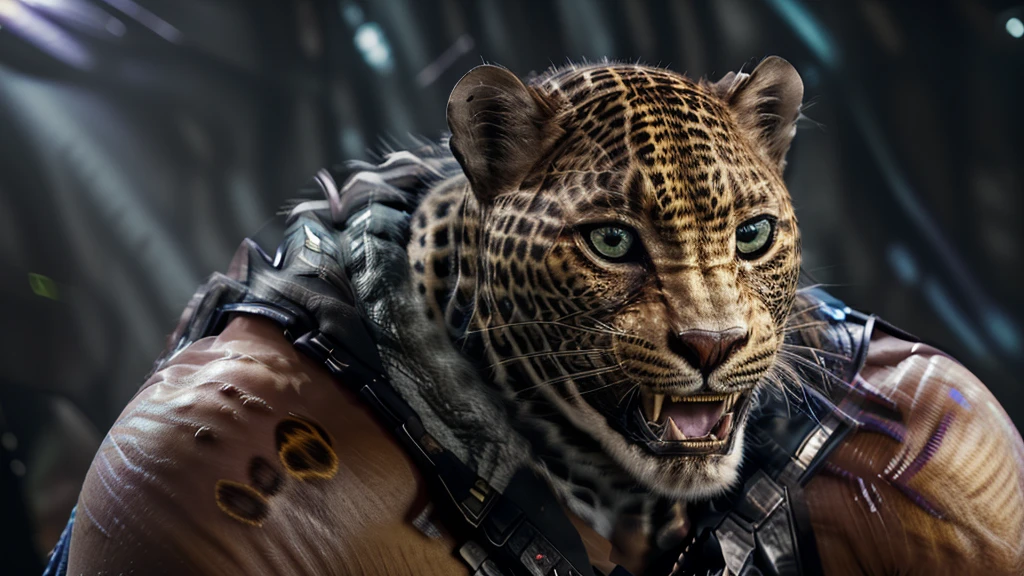 (((one leopard mask))), neon lights, (RTX) cinematic film shot in 70mm, depth of field, vivid colors, (best quality,ultra-detalhado,Realistic:1.37), (best quality,16k,32k,Altas,master part:1.2), (high-detail skin: 1.2), 8k UHD, SLR camera, soft lighting, high quality, film grain, cinematic lighting, photonic display, brightness, physically rendered photo, extremely high-quality graphics, over-detailed face, (((cinematic lighting))), ((clear details)), ((body lightning effect)), ((sitting thron)), realistic fire background of totally destroyed