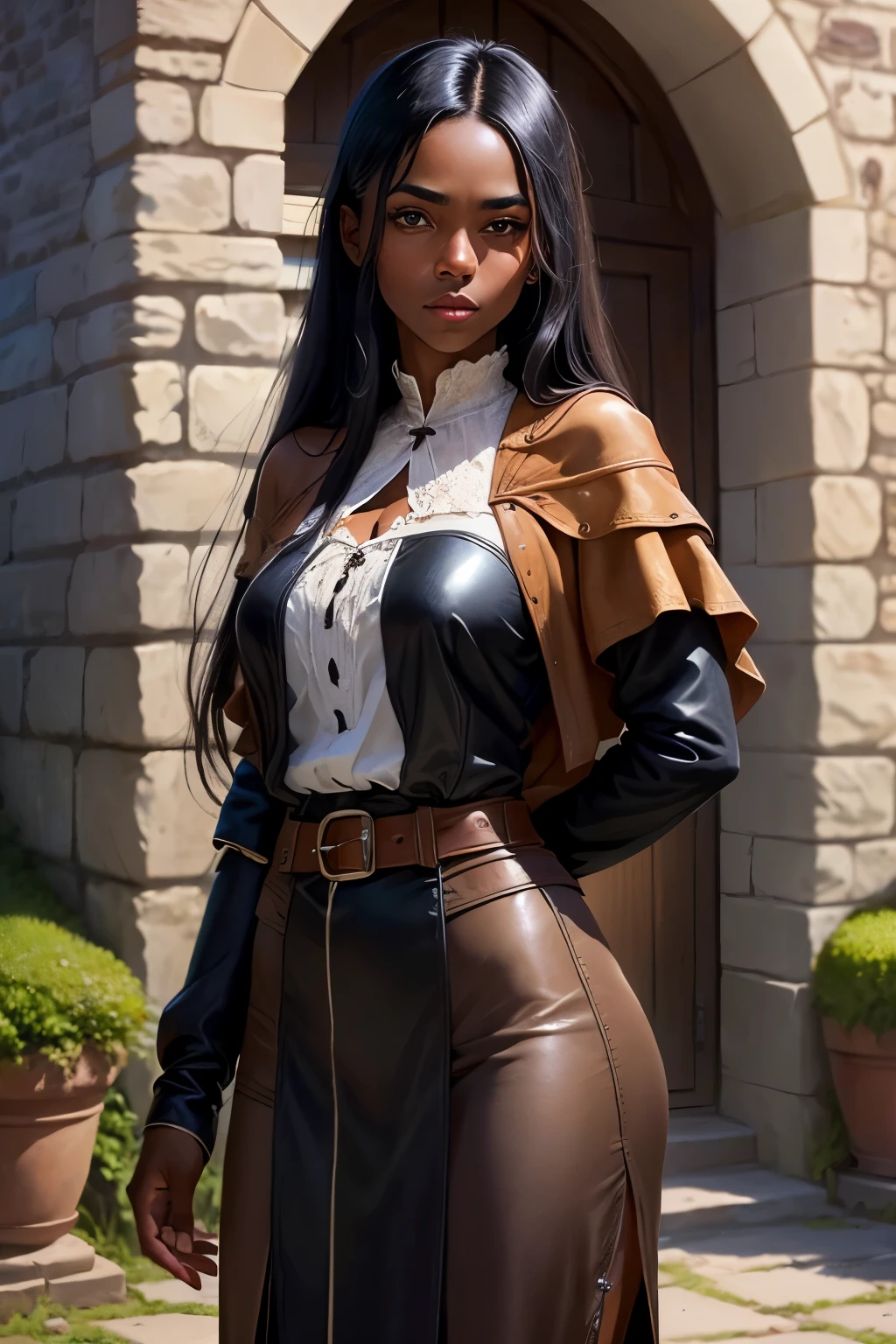 ((best qualityer)), ((work of art)), (detailded), 1 poor woman, fantasy RPG medieval commoner peasant , darkskin, olhos detaildeds, long black straight hair, European peasant clothing ,commoner ,fully dressed, brown leather clothing, fully dressed, gray belts, in the background an old stone building, clear lighting, detailed shadows