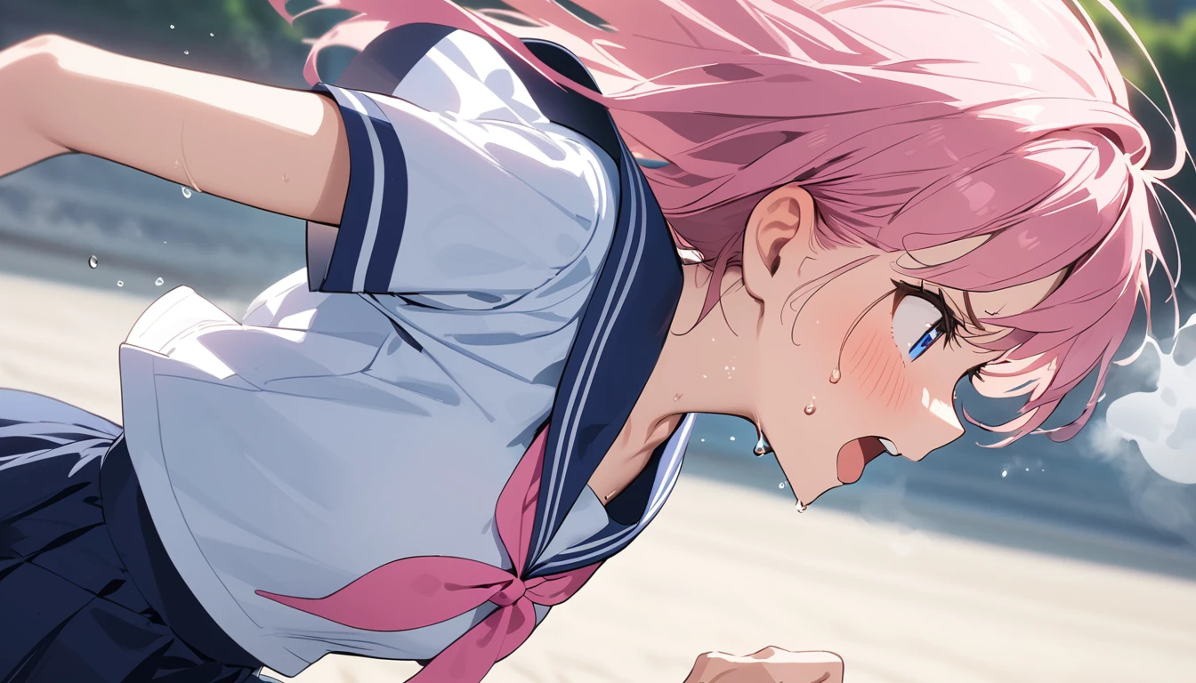 (1 girl),(Best Picture Quality, 8K, Masterpiece:1.3), (high school student:1.5), (pink lob hair), (bumpy hair), (slant skyblue eyes), ((school uniform, white short simple sleeve shirt, darkblue skirt, pink tie)), (super clear:1.5), (glistening skin:1.1),(pale skin:1.1), (looking ahead:1.3), ((from side:1.3)),(running through the beautiful scenery of the city alleys in the morning), (running:1.3),(panicking),(sweat:1.3),(steam:1.2),((extreme close up face))