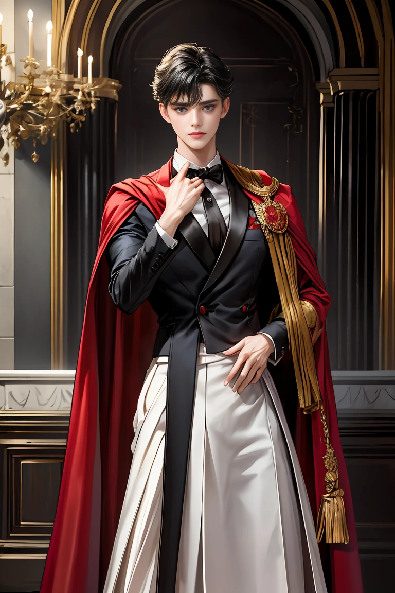 masterpiece, 最high quality, high quality, 1 boy, alone, Male focus, Watching the audience, Messy black hair, Adorable big blue eyes, White people, Noble, Noble,Sexy voluminous black and red cape、Tuxedo、A very voluminous, large, very large, very large, long, long red and black cape with a high stand-up collar, reaching down to the floor, made of a lot of fabric., 17 years old,Cute beautiful boys,Cute, cute, kind, handsome guy