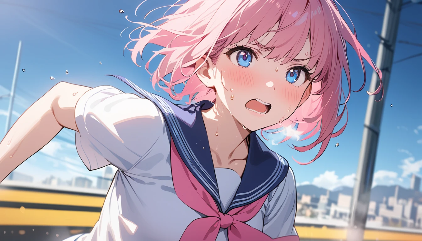 (1 girl),(Best Picture Quality, 8K, Masterpiece:1.3), (high school student:1.5), (pink lob hair), (bob hair), (slant skyblue eyes), ((white sailor short sleeve shirt, darkblue skirt, darkblue sailor collar, pink ribbon)), (super clear:1.5), (glistening skin:1.1),(pale skin:1.1), (looking ahead:1.3), ((from side:1.3)),(the beautiful scenery of the city alleys in the morning), (running:1.3),(panicking),(sweat:1.3),(steam:1.2),((close up face))