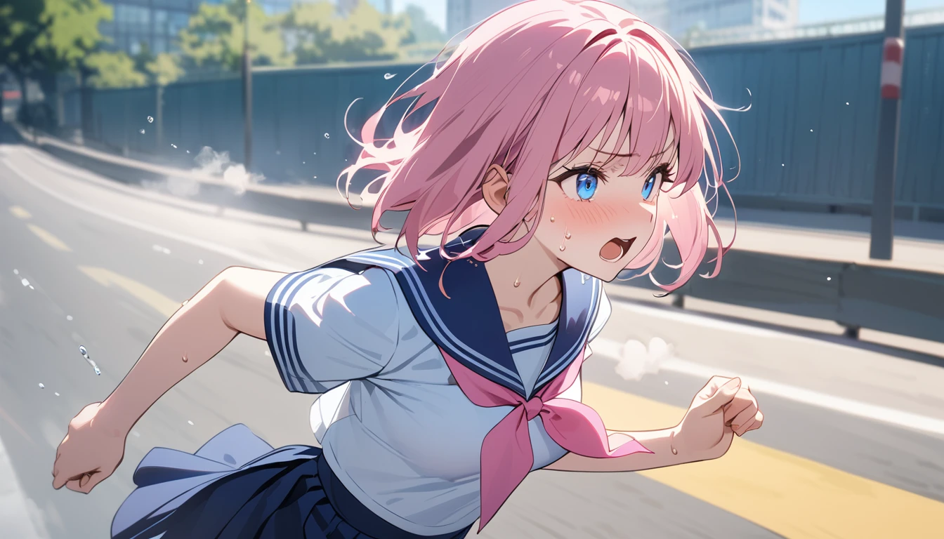 (1 girl),(Best Picture Quality, 8K, Masterpiece:1.3), (high school student:1.5), (pink lob hair), (bob hair), (slant skyblue eyes), ((white sailor short sleeve shirt, darkblue skirt, darkblue sailor collar, pink ribbon)), (super clear:1.5), (glistening skin:1.1),(pale skin:1.1), (looking ahead:1.3), ((from side:1.3)),(the beautiful scenery of the city alleys in the morning), (running:1.3),(panicking),(sweat:1.3),(steam:1.2),((close up face))