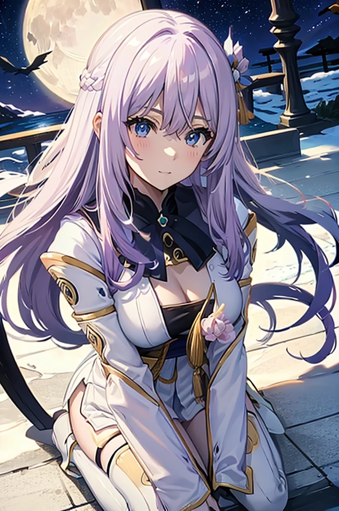 ((Pixiv)),(masterpiece_portrait),(game_cg),(Wuxia),(Fate/stay night),female_focus,looking_to_the_side,1girls,Japan,Iceland,samurai,curvy,sharp_face,very_long_hair,white_hair,blunt bangs,hair_between_eyes,cowlick,blue_eyes,large_breasts,smiling_face,Navy capelet,White china_dress,Blue Accessory,Moon Yellow Accessory,Blue tasuki,white tabi,Navy high_heel_boots