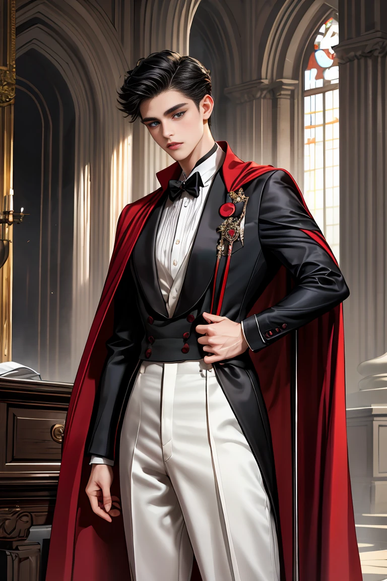 
masterpiece, 最high quality, high quality, 1 boy, alone, Male focus, Watching the audience,  Messy black hair, Adorable big blue eyes, White people, Noble, Noble,Sexy voluminous black and red cape、Tuxedo、A very voluminous, large, very large, very large, long, long red and black cape with a high stand-up collar, reaching down to the floor, made of a lot of fabric., ,Cute beautiful boys,Cute, cute, kind, handsome guy