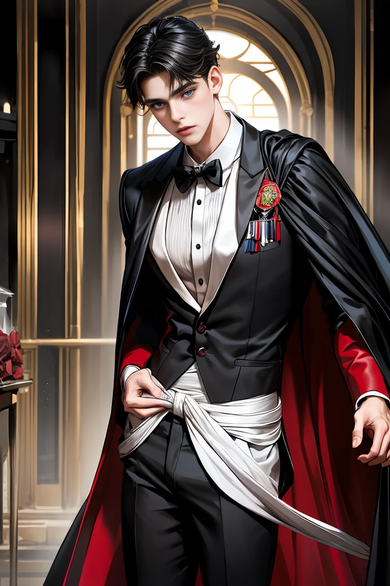 
masterpiece, 最high quality, high quality, 1 boy, alone, Male focus, Watching the audience,  Messy black hair, Adorable big blue eyes, White people, Noble, Noble,Sexy voluminous black and red cape、Tuxedo、A very voluminous, large, very large, very large, long, long red and black cape with a high stand-up collar, reaching down to the floor, made of a lot of fabric., ,Cute beautiful boys,Cute, cute, kind, handsome guy