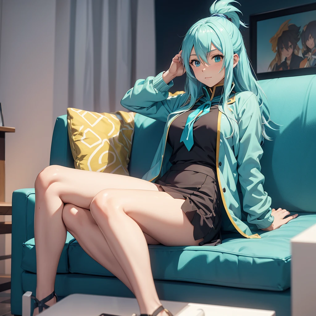 aqua from the anime konosuba using a cell phone sitting on a sofa