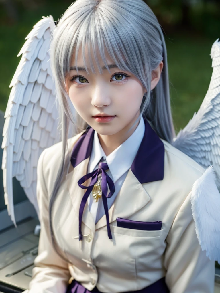 (Highest quality、4K、8K, masterpiece:1.3), Ultra detailed face, Detailed lips, Detailed eyes, double eyelid, 
BREAK, 
(extreme  close up:1.75), High angle,
BREAK,
1girl, 18 years old, short height, tachibana kanade, silver hair, short height, 
BREAK
(yellow eyes), white hair, long hair, bangs, hair pulled back,
BREAK,
looking at viewer, ((playing piano)),
photo background, photo inset, dusk, outdoors, spring, wind, falling petals, sunlight, skyline, 
BREAK
schooluniform, jacket, blazer, long sleeves, neck ribbon, gem, necklace, pleated skirt, kneehighs, loafers,
(((Angel wings spread wide on the back))),
