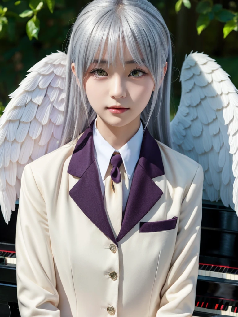 (Highest quality、4K、8K, masterpiece:1.3), Ultra detailed face, Detailed lips, Detailed eyes, double eyelid, 
BREAK, 
(extreme  close up:1.75), High angle,
BREAK,
1girl, 18 years old, short height, tachibana kanade, silver hair, short height, 
BREAK
(yellow eyes), white hair, long hair, bangs, hair pulled back,
BREAK,
looking at viewer, ((playing piano)),
photo background, photo inset, dusk, outdoors, spring, wind, falling petals, sunlight, skyline, 
BREAK
schooluniform, jacket, blazer, long sleeves, neck ribbon, gem, necklace, pleated skirt, kneehighs, loafers,
(((Angel wings spread wide on the back))),
