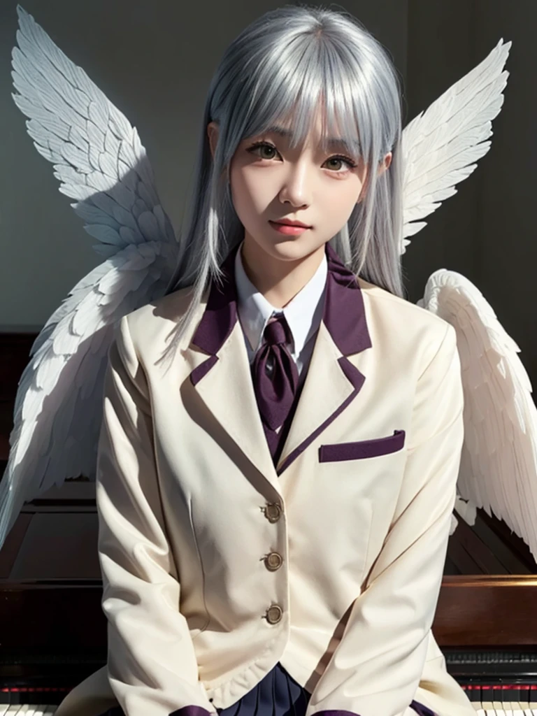 (Highest quality、4K、8K, masterpiece:1.3), Ultra detailed face, Detailed lips, Detailed eyes, double eyelid, 
BREAK, 
(extreme  close up:1.75), High angle,
BREAK,
1girl, 18 years old, short height, tachibana kanade, silver hair, short height, 
BREAK
(yellow eyes), white hair, long hair, bangs, hair pulled back,
BREAK,
looking at viewer, ((playing piano)),
photo background, photo inset, dusk, outdoors, spring, wind, falling petals, sunlight, skyline, 
BREAK
schooluniform, jacket, blazer, long sleeves, neck ribbon, gem, necklace, pleated skirt, kneehighs, loafers,
(((Angel wings spread wide on the back))),
