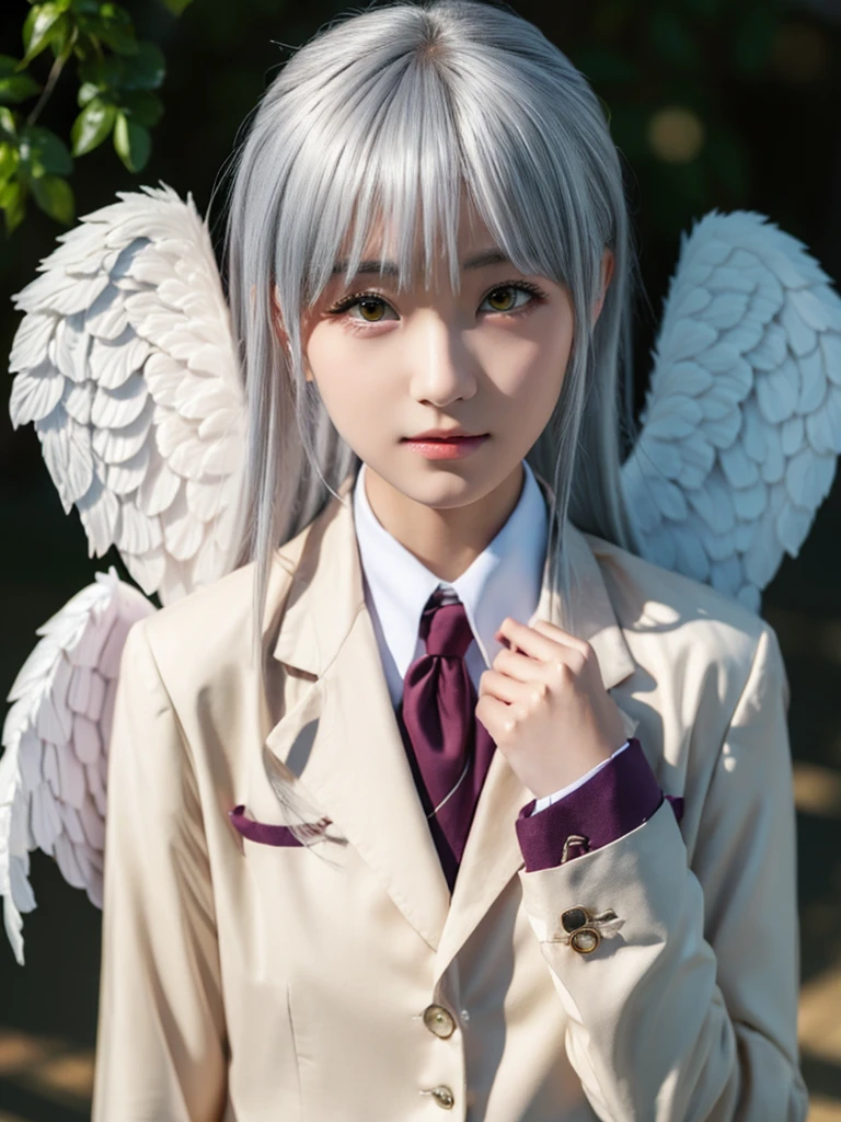 (Highest quality、4K、8K, masterpiece:1.3), Ultra detailed face, Detailed lips, Detailed eyes, double eyelid, 
BREAK, 
(extreme  close up:1.75), High angle,
BREAK,
1girl, 18 years old, short height, tachibana kanade, silver hair, short height, 
BREAK
(yellow eyes), white hair, long hair, bangs, hair pulled back,
BREAK,
looking at viewer, ((playing piano)),
photo background, photo inset, dusk, outdoors, spring, wind, falling petals, sunlight, skyline, 
BREAK
schooluniform, jacket, blazer, long sleeves, neck ribbon, gem, necklace, pleated skirt, kneehighs, loafers,
(((Angel wings spread wide on the back))),
