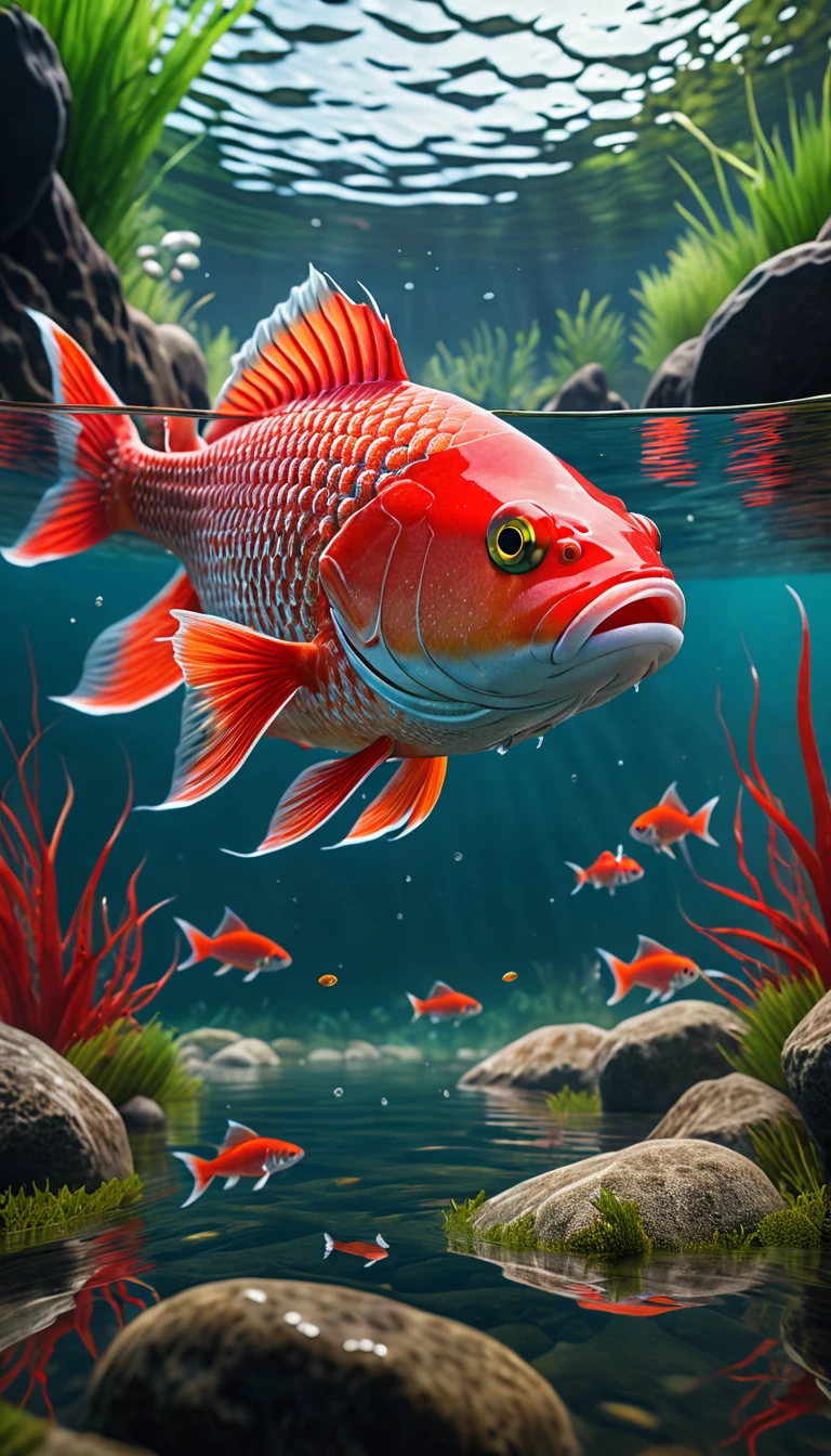  Red fish in the river，Front view(best quality，4K，8K，High level，masterpiece：1.2），Ultra Detailed，（lifelike，Photo real，Photo real：1.37），Highly detailed animals，Complex patterns，Realistic lighting，Fantasy Creatures