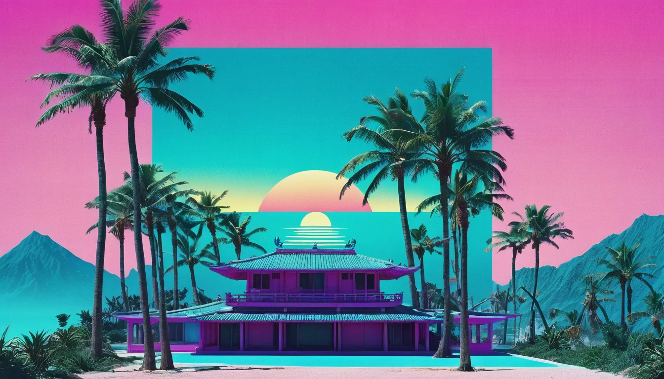 (vaporwave aesthetics:1.8)，futuristic city, English title，fantasy, matrix, desert, Ocean, Chinese pavilion,Close-up of retro 70s screen,coconut tree,24th century,Strong psychedelic colors and retro-future decadence,Distressing and stylization, illusory、collage、no order，dystopian、lo-fi、