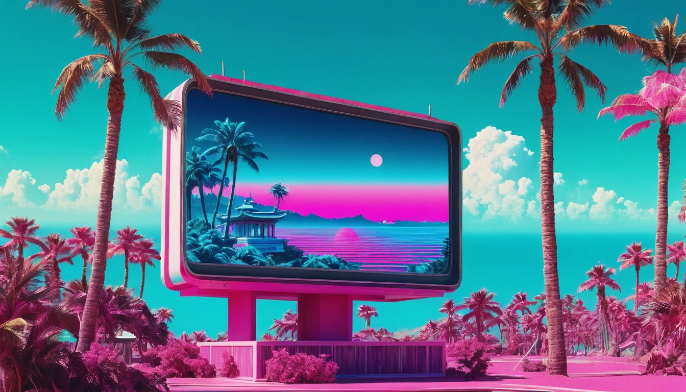 (vaporwave aesthetics:1.8)，futuristic city, English title，fantasy, matrix, desert, Ocean, Chinese pavilion,Close-up of retro 70s screen,coconut tree,24th century,Strong psychedelic colors and retro-future decadence,Distressing and stylization, illusory、collage、no order，dystopian、lo-fi、