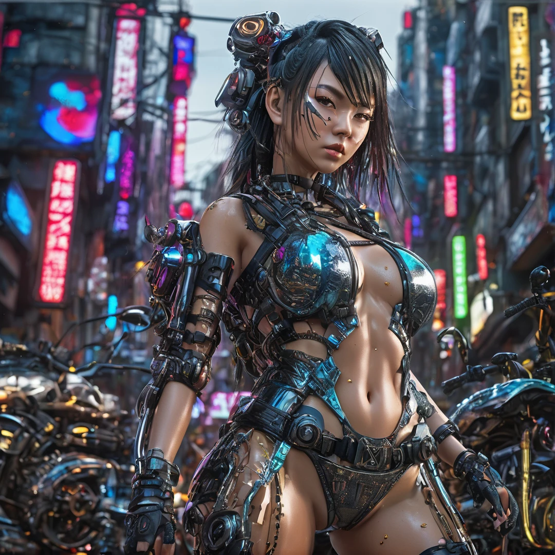 Heavy metal techno girl, post-apocalyptic city, insanely detailed real shiny skin, masterpiece quality, real color, erotic and sensual, 8k resolution🔥, Miki Asai Macro photography, close-up, hyper detailed, trending on artstation, sharp focus, studio photo, intricate details, highly detailed, cinematic by zack snider