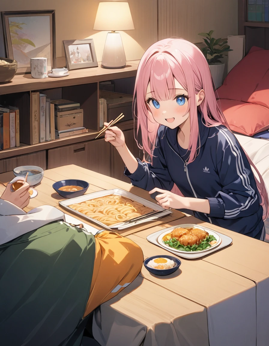 (8K, best quality, master piece: 1.2), super high resolution,1 cute girl,16yo,独奏,ultra-detailed face,detailed eyes,blue eyes,happy,Lily Pink hair,Straight hair,Long hair,Tracksuits,seiza at a table,perfect hands, perfect fingers,holding chopsticks,eating udon in a bowl,(kotatsu:1.1),indoors,A bookshelf lined with manga,(under kotatsu:1.2),room