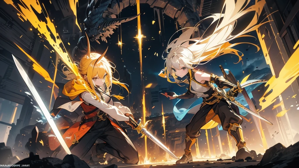 In the deepest part of the cave, a yellow-haired female swordsman with a long sword is fighting a horned monster.