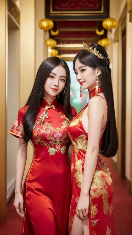 (((Two Chinese beauties)))、((Standing side by side))、21 years old、(Very heavy makeup:1.2)、(Slanted Eyes:1.3)、(long narrow eyes:1.3)、Shiny Hair、Glowing Skin、Very white skin、Jet Black Hair、Straight long hairstyle、Big eyes、Double eyelids、Luxury Chinese palace、(Standing in the palace corridor)、(Golden luxurious hair ornament)、(Patterned costume of a Chinese queen)、Luxurious and gorgeous、(huge breast:1.3)、(Exposed Skin:1.4)、(Smile with your mouth closed)、((The beautiful woman on the right is wearing a bright red outfit))、(((The beauty on the left is wearing a royal blue outfit.)))、(Bust-up angle)

