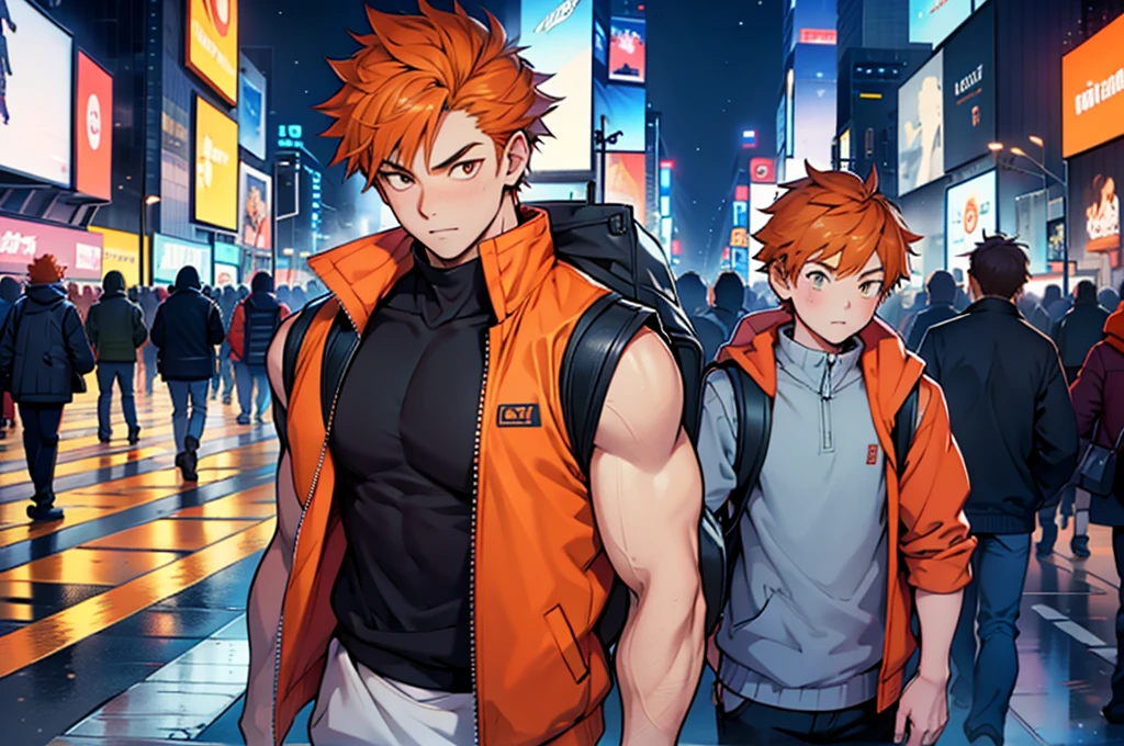 A close-up of a boy standing in a city with a backpack  Boy in sleeveless sweatshirt in the middle of a busy Times Square style avenue, winter, leaning against one of the posts, orange hair child, wearing a cold sleeveless jacket, slightly unbuttoned jacket , masculine, little tight in the jacket, sem mangasA close-up of a boy standing in a city with a backpack  Boy in sleeveless sweatshirt in the middle of a busy Times Square style avenue, winter, leaning against one of the posts, orange hair , wearing a cold sleeveless jacket, slightly unbuttoned jacket , masculine, little tight in the jacket, sleeveless Masterpiece, Best Quality, Ultra Detailed, 1man