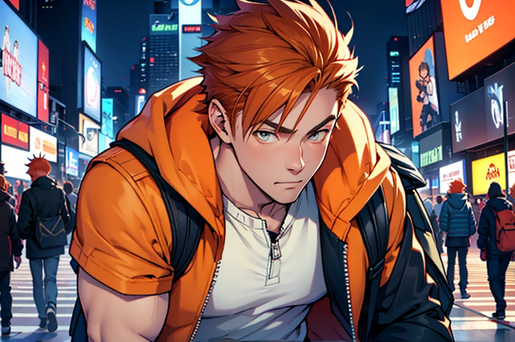 A close-up of a boy standing in a city with a backpack  Boy in sleeveless sweatshirt in the middle of a busy Times Square style avenue, winter, leaning against one of the posts, orange hair child, wearing a cold sleeveless jacket, slightly unbuttoned jacket , masculine, little tight in the jacket, sem mangasA close-up of a boy standing in a city with a backpack  Boy in sleeveless sweatshirt in the middle of a busy Times Square style avenue, winter, leaning against one of the posts, orange hair , wearing a cold sleeveless jacket, slightly unbuttoned jacket , masculine, little tight in the jacket, sleeveless Masterpiece, Best Quality, Ultra Detailed, 1man